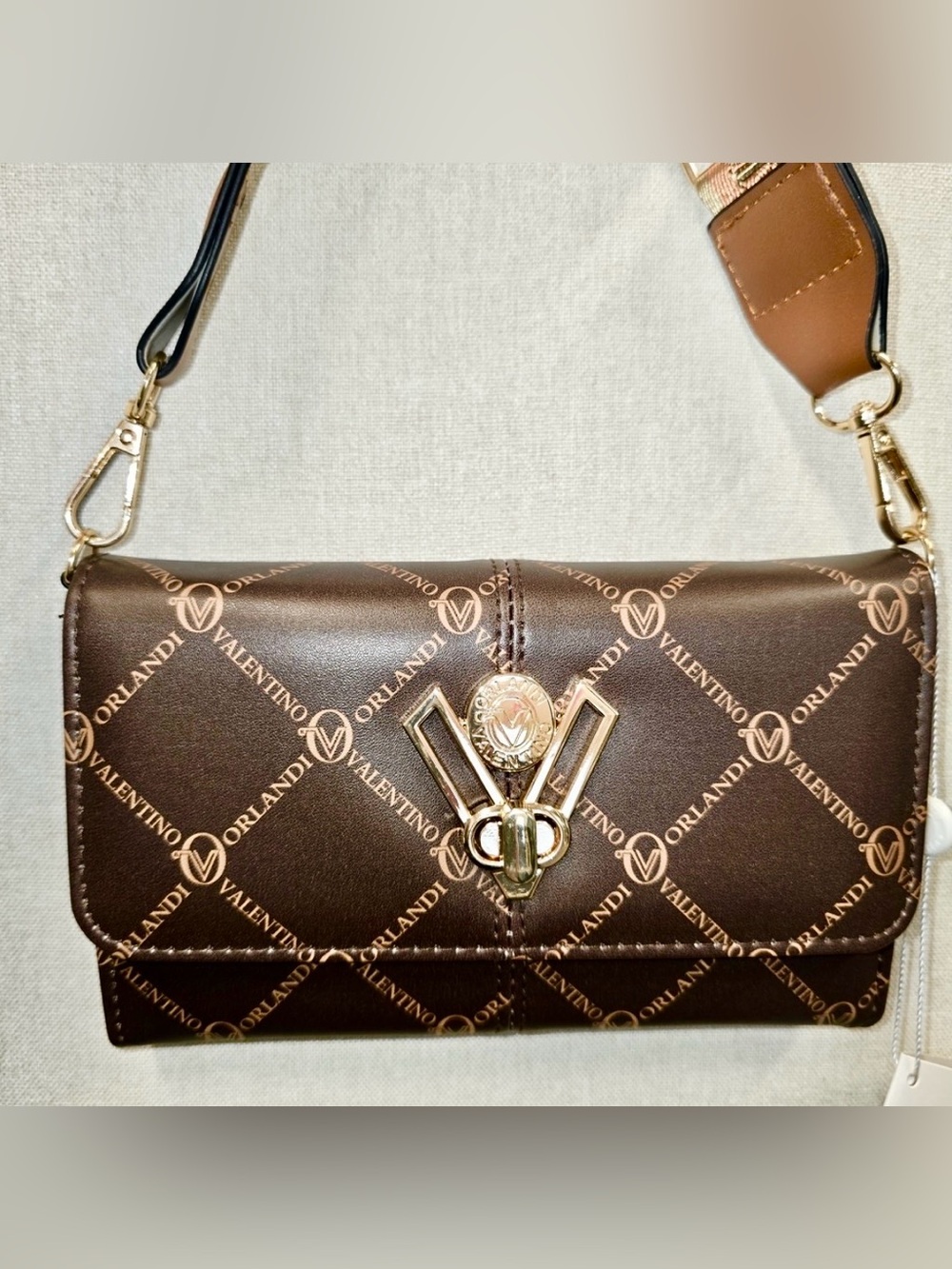 Valentino Orlandi Brown Signature Logo Crossbody Wallet with Gold Hardware NWT
